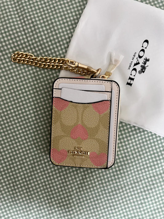 Coach Zip Card Case in Signature Canvas with Heart Printed (Off White)
